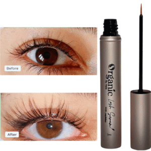 "Organic by Hala Eyelash Serum – water-based lash growth treatment with peptides and biotin."