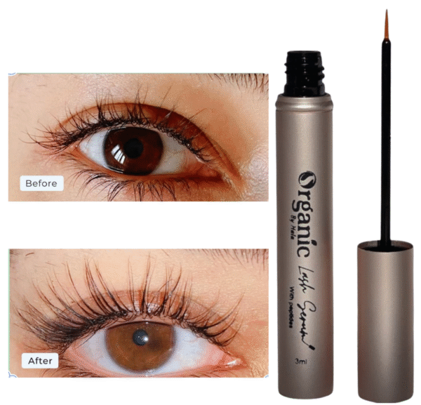 "Organic by Hala Eyelash Serum – water-based lash growth treatment with peptides and biotin."
