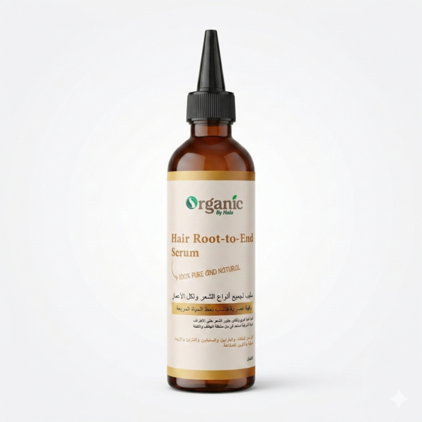 Organic by Hala Root to End Hair & Scalp Serum bottle for balanced scalp and smooth ends – hydration treatment.